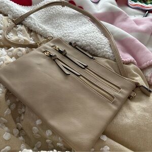 Beige Leather Crossbody Bag with Dual Zip Pockets